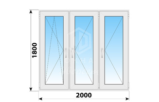 Трехстворчатое пластиковое окно 2000x1800 ПO-П-П